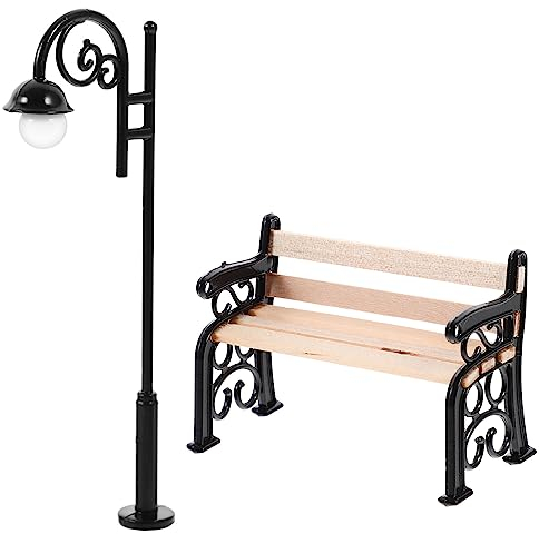 Cabilock 2 Stücke Miniatur Straßenlaterne Puppenhaus Bank Straßenlampen Garten Parkbank Mini Laterne Modellbau Ornamente Feengarten Zubehör Tischdeko Eisenbahn Modelleisenbahn Deko