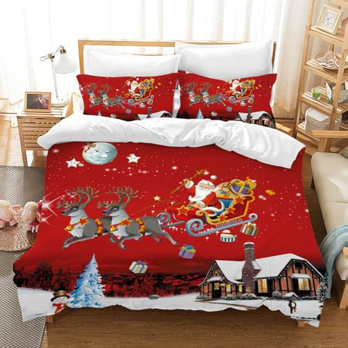 JEFFEL Weihnachts Bettbezug, Weihnachtsmann Bettwäsche Set, High Definition Druckmuster Bettbezug 3-teiliges Set,Weihnachten Geschenk für Kinder Teenager (Weihnachten A, 135 x 200 cm)