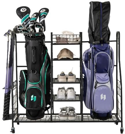 GYMAX Golf Storage Rack, Extra Large Golf Bag Stand Storage Rack with Lockable Universal Wheels and Removable Hooks, All-in-1 Golf Garage Organizer for Golf Clubs (122 x 40 x 103cm)