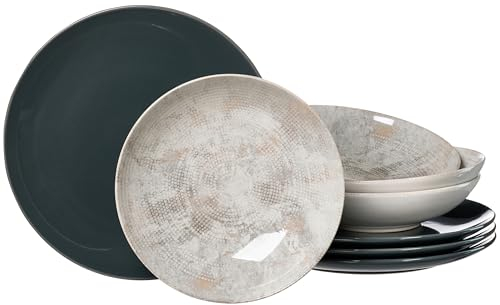 Ritzenhoff & Breker Cecina Service de table 8 pièces, assiettes plates (26 cm) et assiettes creuses (21 cm) pour 4 personnes, vaisselle tendance moderne, grès, gris perle