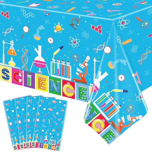 Inspireyee 4 PCS Science Tablecloth Decorations Mad Scientist Theme Birthday Party Supplies Science Table Cover Rectangular 51 x 86in Laboratory Table Covers for Lab Party Decor