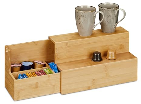 Relaxdays Küchenorganizer, Bambus, ausziehbar, 4 Fächer, HxBxT: 18 x 33 x 15 cm, Organizer Gewürze, Kaffee, Tee, natur