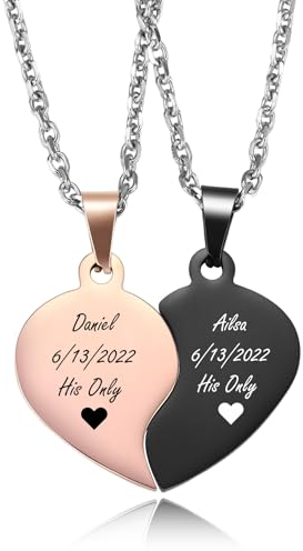 MeMeDIY 2 Stück Personalisierte Herz Puzzle Kette mit Gravur für Damen Herren Freundin Freund Paar Kette Freundschaftskette Silber Gold Schwarz Farbe -A2