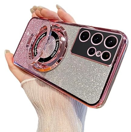IMEIKONST Custodia per Samsung Galaxy S23 Ultra con Anello Kickstand, Elettroplaccata Gradiente Brillantini Trasparente Protettiva TPU Silicone Antiurto Cover per Samsung S23 Ultra. Oro Rosa DS1