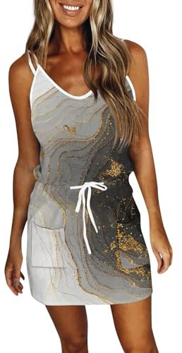 Sommerkleid Damen Italienische Mode Damen Sommer Ärmellos Sommerkleid Strandkleid Damen Dress Kleider Ab 50 Jahren Abendkleid Damen Lang Abendkleid Damen Elegant Kleid Schwarz Damen(4-Gray,XL)
