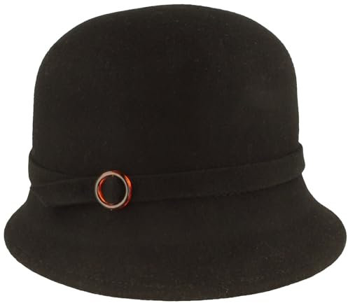Breiter Damen Filzhut Glocke 100% Wolle Wollfilzhut Glocke mit Plastikschließe Ripsband-Garnitur Schwarz S