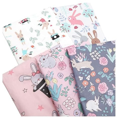 CraftsFabrics 5 Stück/Set Tier-Cartoon-Serie, bedruckt, Hase, Rose, Tulpe, Blumen-Twill, Baumwollstoff für DIY, Nähen, Quilten