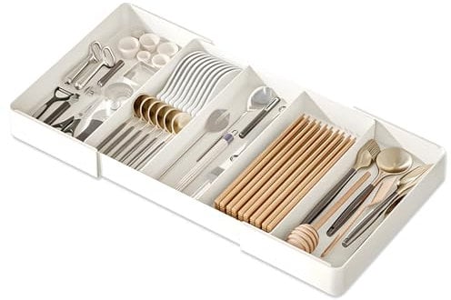 Bouncy Expandable Kitchen Utensil Drawer Organizer - Large Adjustable Cutlery and Silverware Tray for Spoons, Spatulas, Forks, Knives - Plastic Utensil Storage Rack, White