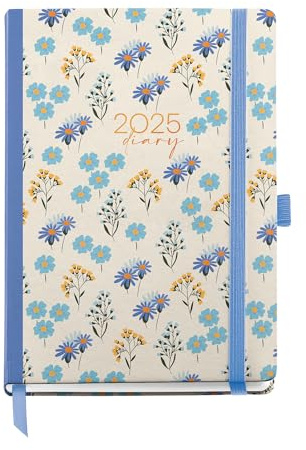 Miquelrius - Kalender 2025, Jahresplaner, 122 x 168 mm, Wochenansicht, Einband aus laminiertem Karton, Spiralbindung, Gummibandverschluss, Papier 80 g/m², Spanisch, Englisch und Portugiesisch, Daisies