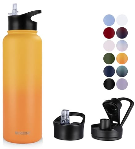 MURBONE Edelstahl Trinkflasche 1.2L (+2 Deckel)-mit Strohhalm,BPA frei,Thermosflasche Auslaufsicher,Kohlensäure Geeignet,Thermoskanne Vakuum Doppelwandisolierung für Sport, Reisen, Camping