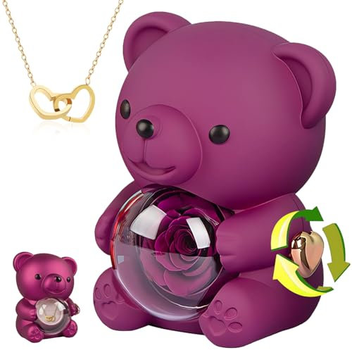 goldmiky Ours Rose Eternelle avec Collier Gravé y Compris Boîte- Cadeau Unique pour Femme :Fête des Mères, Cadeau Unique pour Cadeau Femme Saint Valentin,Noel,Mariages, Anniversaire (Violet)
