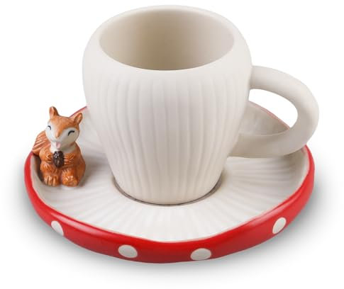 BORDEAG Tasse De Champignons, Mignon Ensemble De Tasses À Café Avec Soucoupe En Céramique, Mushroom Mug 280ml - Cadeaux Pour Noël, Anniversaire, Saint-Valentin