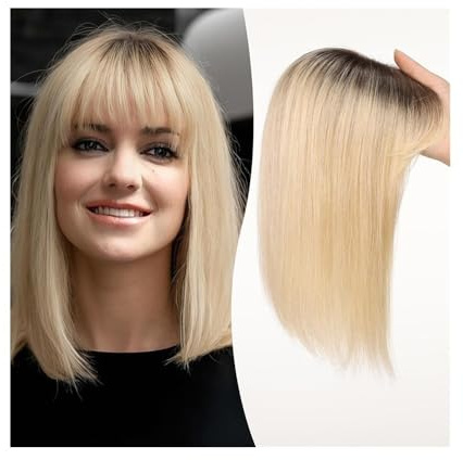 Haartopper für Frauen 12-Zoll-Topper aus Echthaar mit Pony, 10 × 12 cm, Topper mit Spitzenbasis, Haarteile, gerader Clip-in-Topper aus Echthaar for Frauen mit dünner werdendem Haar/Haarausfall Haartei