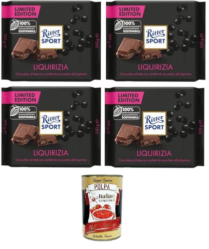 Liquirizia, Limitierte Ausgabe, Milchschokolade mit Lakritzstückchen, 100% nachhaltiger Kakao, 4 Packungen 100gr + Italian Gourmet polpa 400g