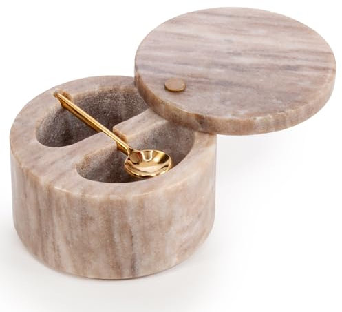 EHC Salt & Pepper Holder, Spice & Herbs Container, Marble Pinch Pot with Swivel Magnetic Lid and Serving Spoon, Salt Celler for Dining Table, Spice Storage Bowl with Compartment, Spice Bath, Beige