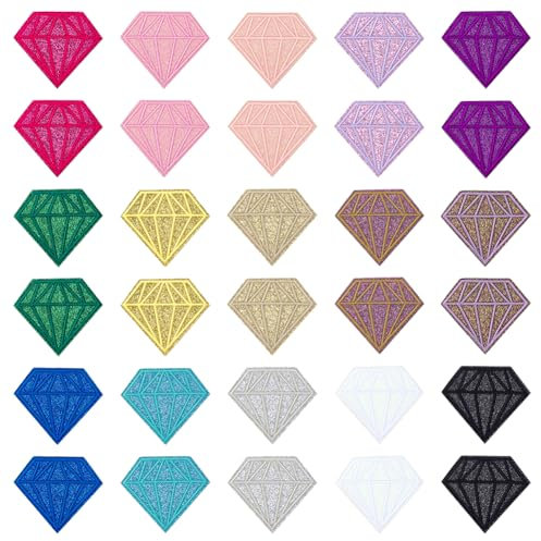 FINGERINSPIRE 30Pcs Diamond Embroidery Patches 15 Colors Diamond Shape Iron on Cloth Applique 67x76mm Sequin Glitter Diamonds Patch Polyester Diamonds Sewing Patches for Backpack Pants Hat Jeans