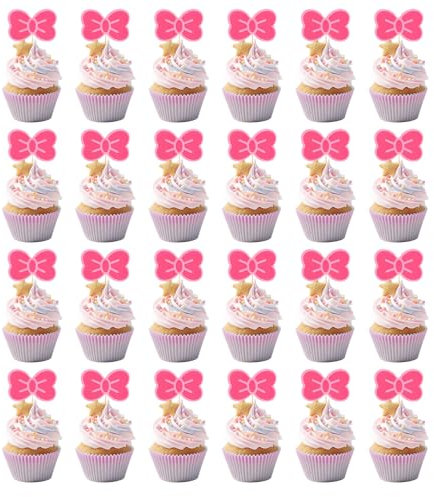 BOXOB 24 Pzs Adornos para Cupcakes con Lazo, Adorno para Tarta de Gato Rosa Decoraciones Tartas Kawaii Palillos Cupcakes con Lazo Fiesta Temática Rosa Decoración Recuerdo de Gatito
