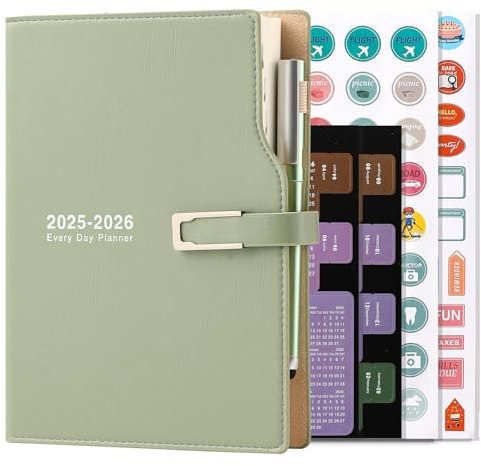 Akademischer Terminkalender 2025–2026, A5, Tag pro Seite, von Juli 2025 bis Juni 2026, Terminplaner, Organizer mit Kalenderaufklebern, Agenda, Planer mit Stifthalter und Stift, hochwertiges, dickeres
