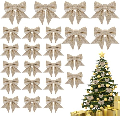 24 Stück glitzernde Weihnachtsschleifen für Weihnachtsbaum, Weihnachtsbaumschmuck, Weihnachtsschmuck für Weihnachten, Hochzeit