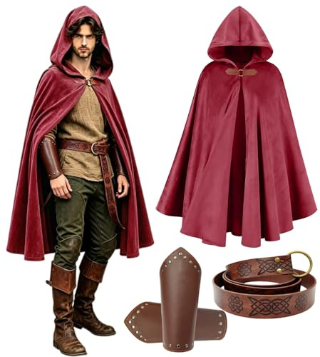 kasahara Mittelalter Wikinger Umhang mit Kapuze Kapuzenmantel Kostüm Set für Halloween Fasching mit Gürtel, Gürteltasche, Kopfschmuck Hexen Outfit Cape Ren Faire Kostüm