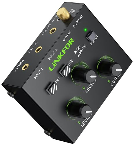 LiNKFOR 2-Channel 3.5mm Audio Mixer - Powered Stereo Mixer with Independent & Master Volume Control Gold-Plated Aux Connectors with Power Supply