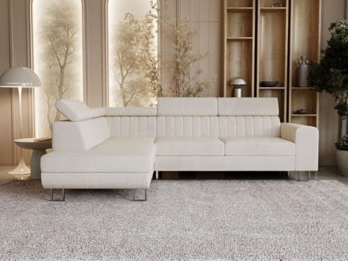GRAINGOLD Berona Ecksofa 255x190 cm, L-Form Sofa, Schlafcouch für Wohnzimmer, Velours, 3-Sitzer Eckcouch, Modernes Design (Beige, Links)