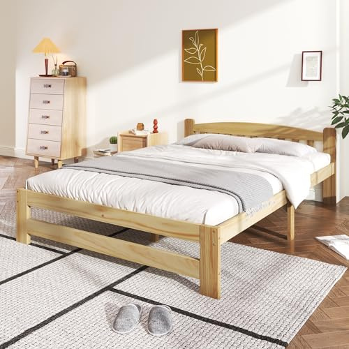 VIEKOS Massivholzbett Futonbett Doppelbett 140x200cm - Mit Kopfteil und Lattenrost - Jugendbett und Erwachsenenbett in Naturfarbe