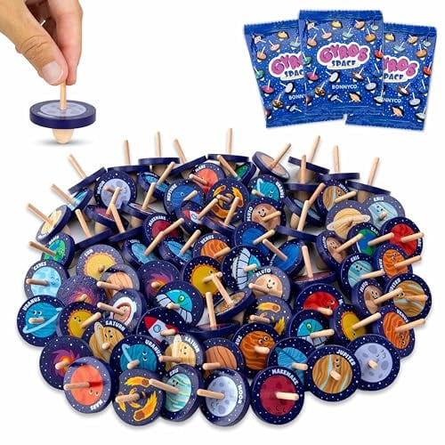BONNYCO Kreisel für Kinder Pack 80 Mitgebsel Kindergeburtstag Gastgeschenke | Weltraum-Holzkreisel. Kleine Geschenke für Kinder, Mitbringsel Kindergeburtstag. Mitgebsel Set, Give Aways, Pinata Füllung