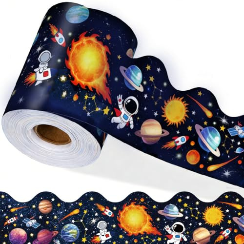 PRESSINART Space Wallpaper Border 196.9 x 3.9 Inch Galaxy Scalloped Bulletin Board Borders Night Sky Planet PVC Decorative Self Adhesive Stickers for Bathroom Kitchen Party Offices Home Decoration