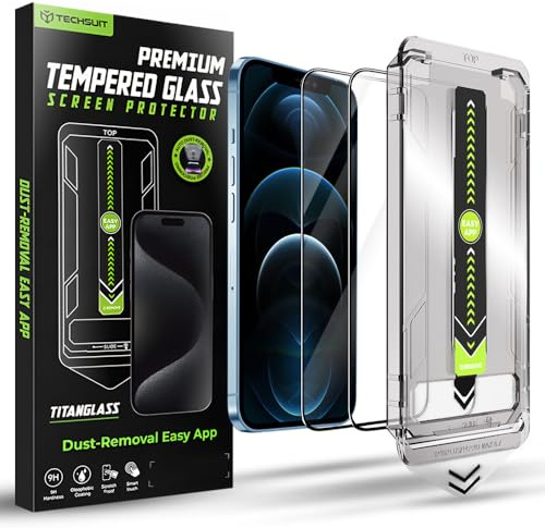 Techsuit Displayschutzfolie 2er Pack für iPhone 12 Pro Max Gehärtetes Glas mit Vollständige Abdeckung, HD Klarheit, Stoßschutz, Oleophobe Beschichtung, Anti Fingerabdruck, TitanGlass FullCover