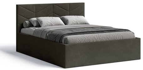 Meblofun Polsterbett Losange mit Kopfteil, 160x200 cm, Doppelbett mit Bettkasten und Lattenrost aus Holz, Velourstoff, Farbe: Dunkelgrau