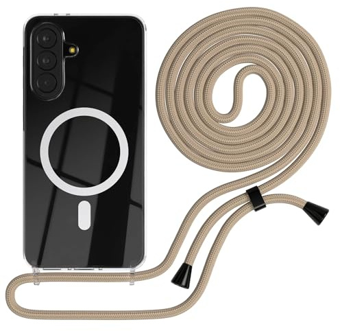 EAZY CASE - Handykette kompatibel mit Galaxy A37 Kette zum Umhängen Stoßfest Handyhülle für Galaxy A37 Silikon Hülle mit Band Handytasche Transparent als Fallschutz in Taupe Camouflage - Clips Silber