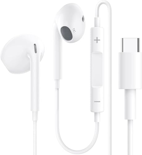 Écouteurs Filaires USB-C pour iPhone 17/16/15, Écouteurs Hi-FI Stéréo Typ-C avec Microphone et Contrôle du Volume, Casque de Studio pour Apple 17/16/15, Samsung S24/S23, iPad - Blancs