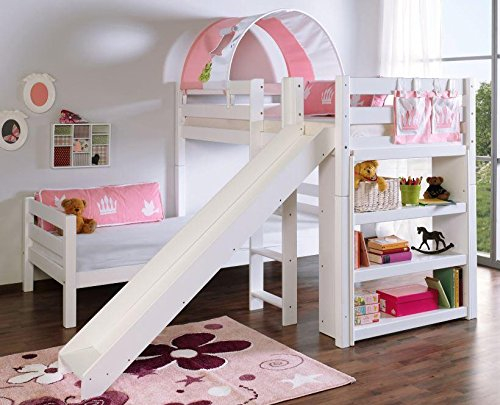 Froschkönig24 Etagenbett mit Rutsche Beni L Kinderbett Spielbett Bett Weiß Stoff Prinzessin