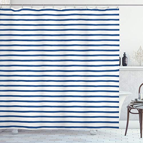 ABAKUHAUS Gestreift Duschvorhang, Hand gezeichnet Meer, Stoffliches Gewebe Badezimmerdekorationsset mit Haken, 175 x 220 cm, Nachtblau Weiß