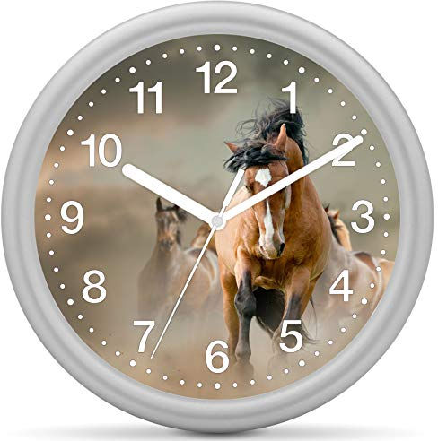 Eurotime Quarzwanduhr, 25 cm, Kunststoffgehäuse Silber, Kunststoffglas, klares 12-Zahlen Zifferblatt mit Pferdemotiv, geräuscharmes Uhrwerk, kein Ticken, Wanduhr für Kinderzimmer, 82209-07