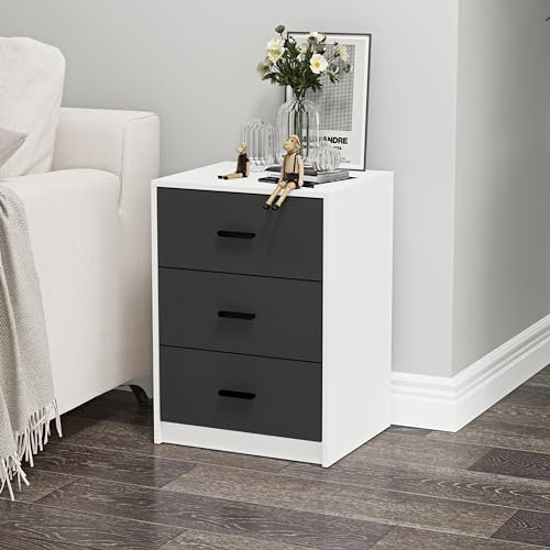 URBNLIVING 3 Drawer Wooden Bedroom Bedside Cabinet (White Carcass + Black Drawers)
