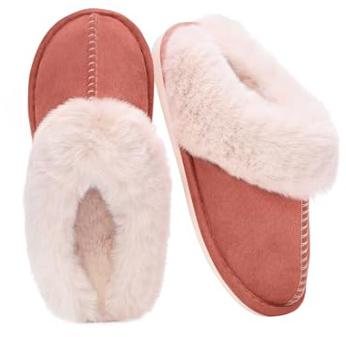 Auranso Ladies Slippers Fluffy Lined Warm Slippers Women Non Slip Cosy House Shoes for Indoor and Outdoor, Red