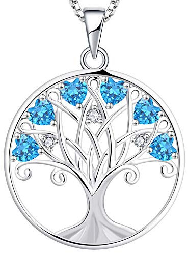 YL Collar Árbol de la Vida para Mujer Plata de Ley 925 Colgante de Árbol Genealógico de Aguamarina con Piedra Natal de Marzo, 45 + 3 CM