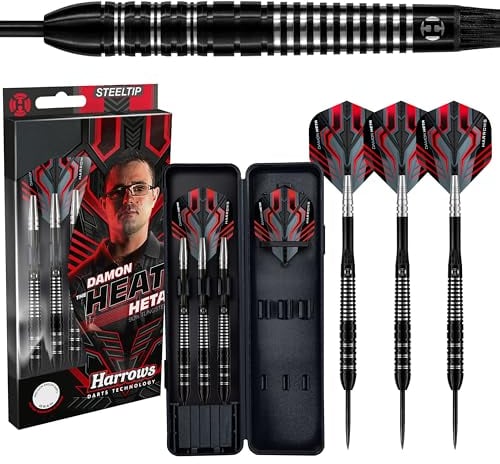Harrows Damon Heta 90% Tungsten Steel Tip Darts Set 21g, 23g & 25g | Inklusive schwarzer Alamo Schäfte, Damons Signatur Harrows Flights & Reiseetui (21g)