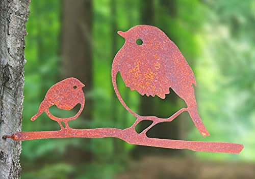 Rostalgie Edelrost Baumstecker Vogel mit Jungvogel auf AST mit Schraube für Holz