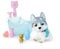 Simba 105953560 – Pamper Petz Husky avec Baignoire, Fonction Pompe, Gourde, Bouteille de Mousse, seringue à Eau, Jouet pour Chien de 25 cm, à partir de 3 Ans
