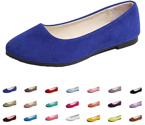 Hwalleum Women's Ballet Flats, Womens Simple Casual Flat Shoes Solid Color Pumps Ladies Girls Dolly Ballet Ballerina Work Smart Office Formal Comfort Pointed Toe Slip On Flats Shoes Blue
