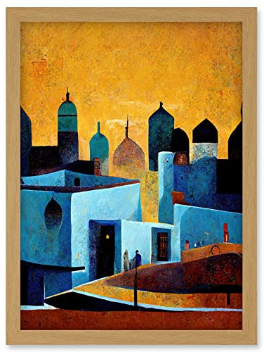 Doppelganger33 LTD Moroccan African Cityscape Modern Blue Yellow Artwork Framed Wall Art Print A4