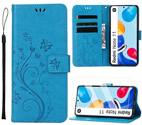 Anshow Lederhülle mit Redmi Note 11 Hülle und Schutzfolie, Handyhülle für XiaoMi Redmi Note 11, Flip Wallet Hülle Leder Tasche Schutzhülle, Blau