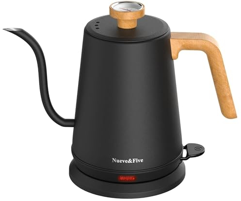 Nueve&Five - Hervidor eléctrico de cuello de cisne con termómetro, hervidor eléctrico negro de 1 L con apagado automático, hervidor de agua caliente de 1000 W de acero inoxidable, para café y té