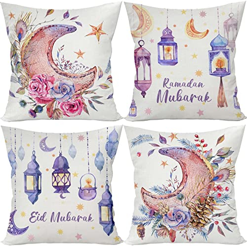 FARMNALL Leinen Ramadan Mubarak Kissenbezüge 45,7 x 45,7 cm, 4 Stück, Moscheenmuster, islamischer Mubarak-Kissenbezug Ramadan Mubarak Dekorationen Bett Couch Sofa Kissen Auto Stuhl Kissen