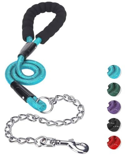 MIHACHI Anti Chew Dog Lead - Heavy Duty Rope Dog Leash with Anti-Bite Chain and Soft Padded Handle, No Tangle Strong Leash with Reflective Threads Blue