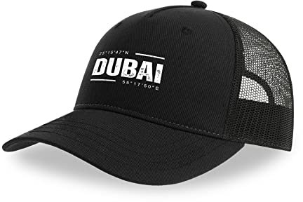Maikomanija Dubai City Coordinates Travel United Arabische Emirate Baumwolle Trucker Cap Curved Visor Netback Hat Atmungsaktives Mesh Sport Top, Schwarz , One size