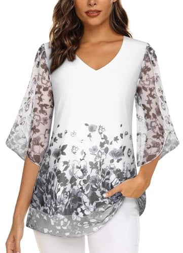 Syphiby Evening Tops for Women UK Dressy Tunic Tops Ruffle 3/4 Sleeve V Neck Flowy Dress Shirts for Leggings Flattering Wedding Evening Work Office Going Out Tops Midnight Purple-Large